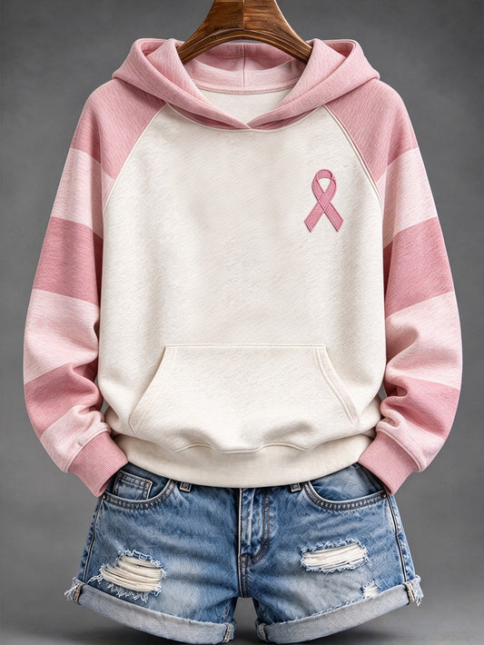 Naisten vaaleanpunainen raidallinen ja vaaleanpunainen hyväntekeväisyys Ribbon kuvio Casual Hoodie kuvio