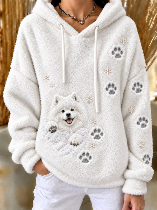 Naisten lumi talvi Peeking Samoyed koira & Puu Tulosta Flannel Hoodie Print