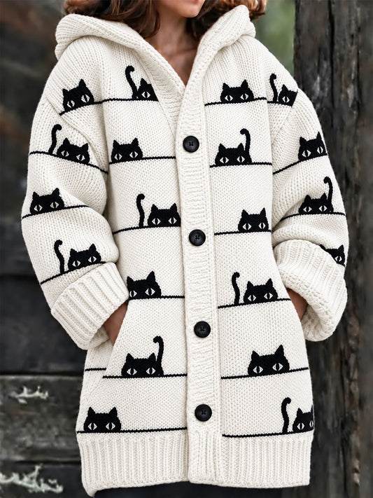 Naisten hassu Cat Art composite Fleece pitkä takki