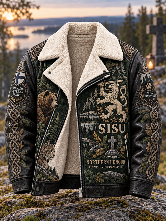Miesten veteraaniteemainen "Sisu"-kuvioitu fleecevuorattu takki