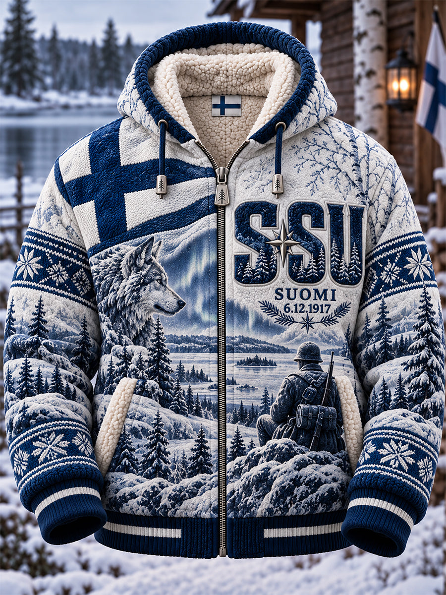 Miesten retro suomalainen itsenäisyyspäivän Sisu-lampaannahkakangashuivitakki