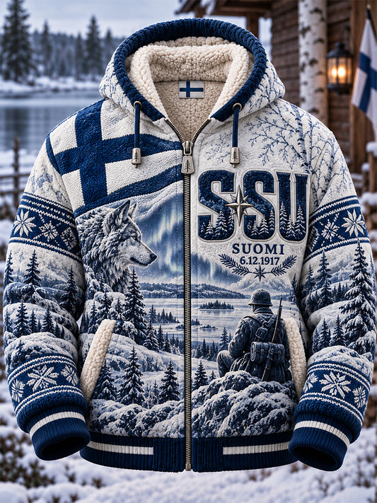 Miesten retro suomalainen itsenäisyyspäivän Sisu-lampaannahkakangashuivitakki
