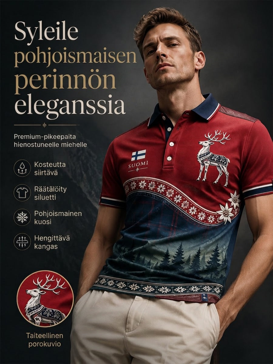 Miesten Suomen arktinen poro -elementti muistotaidepainatuksella varustettu poolopaita