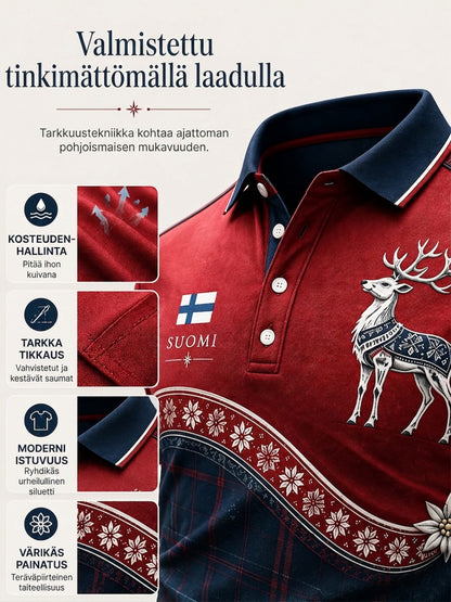 Miesten Suomen arktinen poro -elementti muistotaidepainatuksella varustettu poolopaita