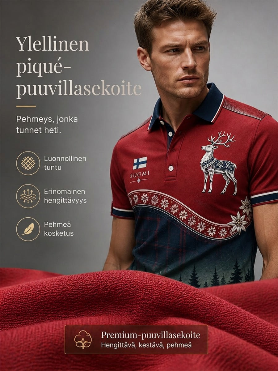 Miesten Suomen arktinen poro -elementti muistotaidepainatuksella varustettu poolopaita