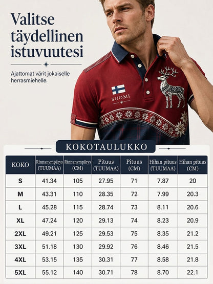 Miesten Suomen arktinen poro -elementti muistotaidepainatuksella varustettu poolopaita
